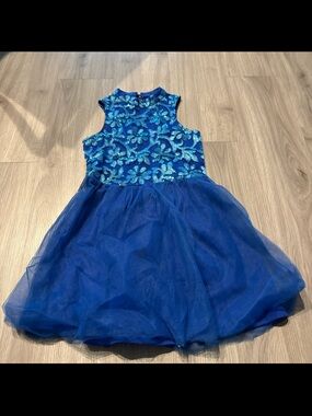 Girls Blue Floral Sequin Tulle Dress